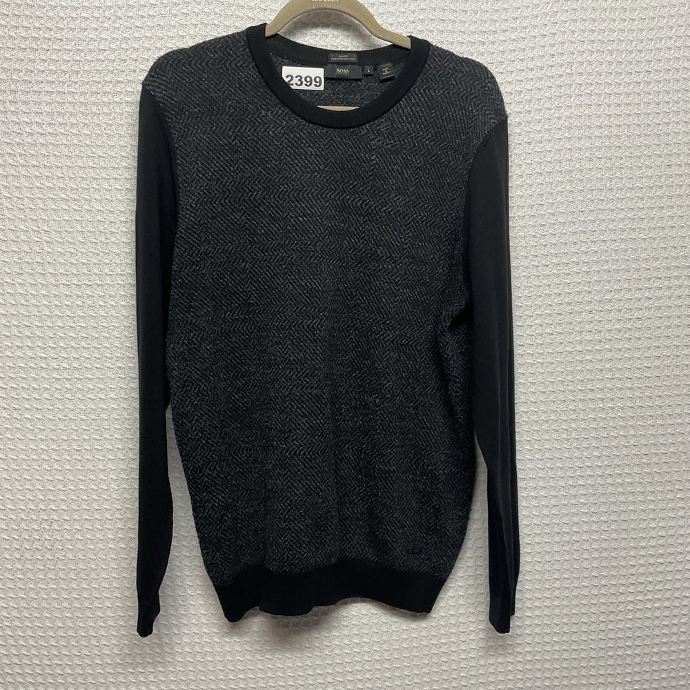 HUGO BOSS SANDORY MEN'S LARGE MERINO WOOL B HERRINGBONE CREW NECK SWEATER